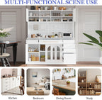 75" Pantry Cabinet, Wooden Cupboard with Power Outlet and 6 Storage Drawers, Large Kitchen Hutch Cabinet W/Countertop and Adjustable Shelves for Home Dining, 5 Cabinets/Pegboard/Towel Rack (White)