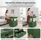 Polibi Multi-Functional Lift Top Side Table with USB Ports and AC Outlets, Height Adjustable Rolling End Table with Drawers, Flip-Top, Lockable Casters, High-Gloss for Small Spaces (Green)