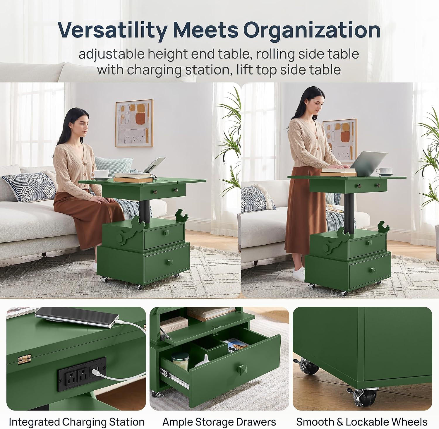 Polibi Multi-Functional Lift Top Side Table with USB Ports and AC Outlets, Height Adjustable Rolling End Table with Drawers, Flip-Top, Lockable Casters, High-Gloss for Small Spaces (Green)