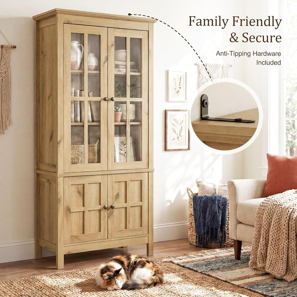Farmhouse 63" Kitchen Pantry Storage Cabinet with Glass Doors & Hidden Storage, Display Kitchen Hutch Cupboard with Adjustable Shelves for Dining Room, Living Room Home Office