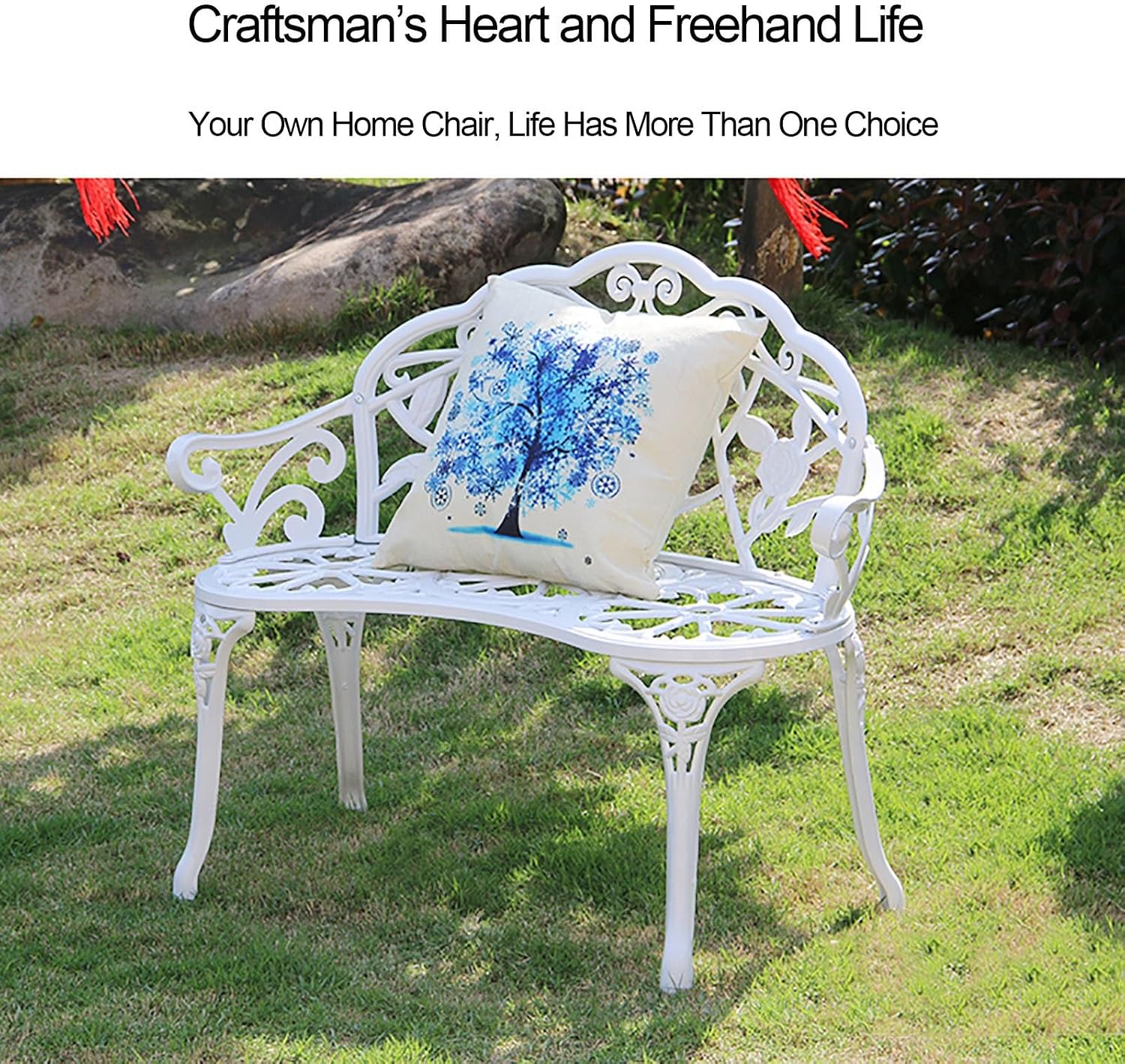 Patio Bench Double Seat, Cast Aluminum Outdoor Furniture with Floral Rose for Patio, Park, Lawn, Yard(C1)
