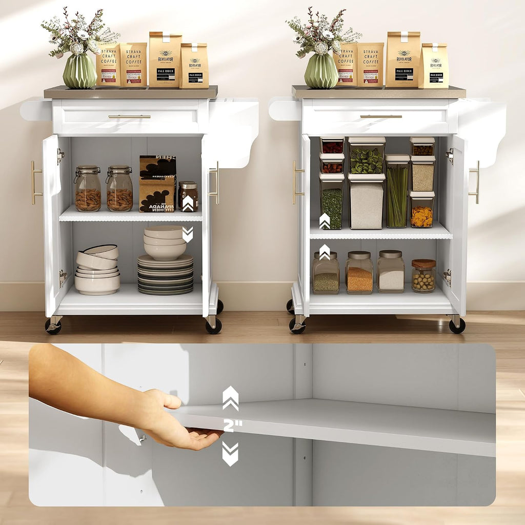 HOMCOM Kitchen Island on Wheels, Rolling Kitchen Cart with Stainless Steel Countertop, Drawer, Towel Rack and Spice Rack, Utility Storage Trolley, White