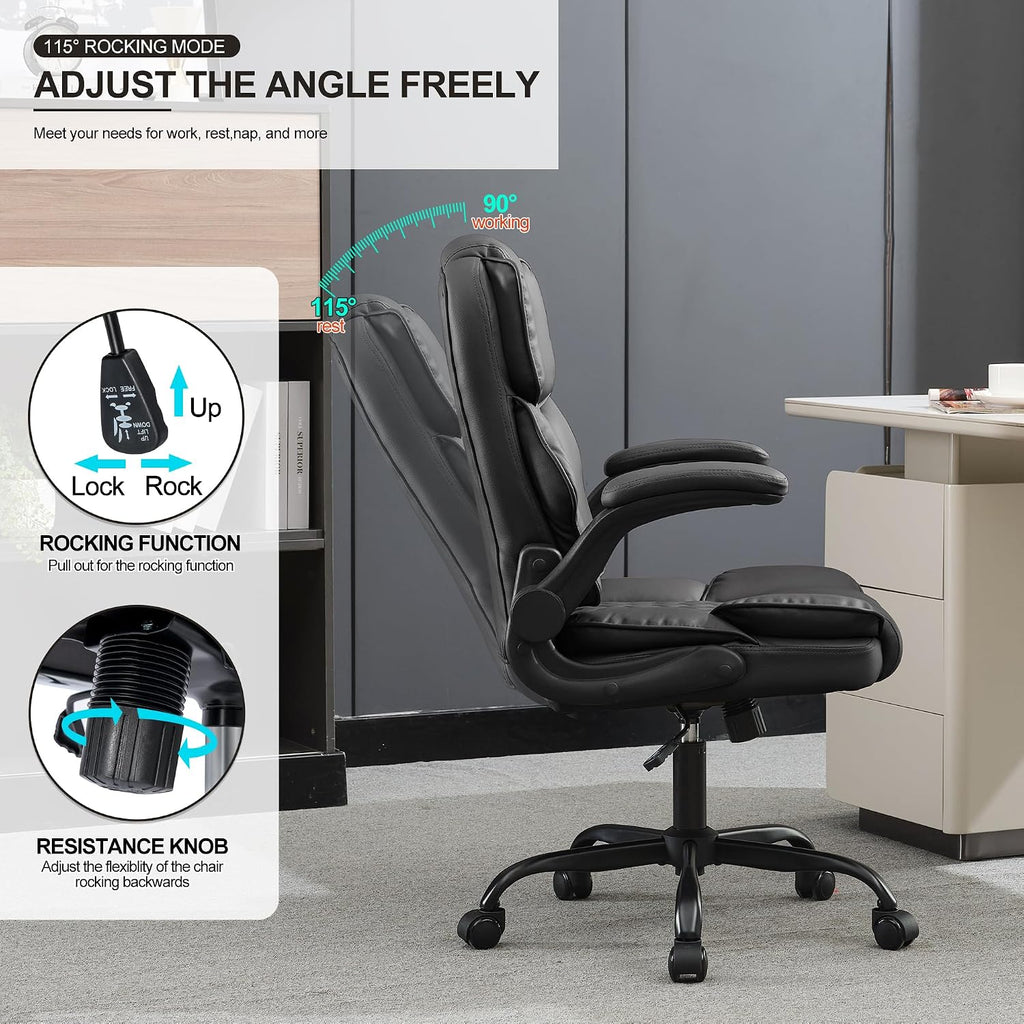 Office Desk Chair, Conference Room Chairs, Mid Back Executive Leather Chair,Ergonomic Home Computer Chair, Modern Office Chair with Adjustable Flip-Up Arms and Rocking Function (Black)