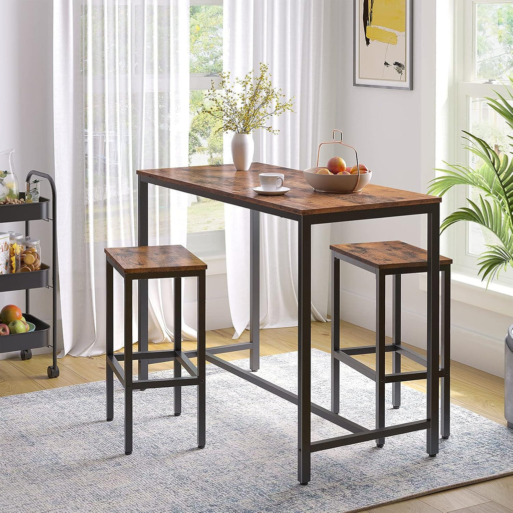 HOOBRO Bar Table and Chairs Set, 47.2” Rectangular Pub Table with 2 Stools for Small Space, High Top Table, 3-Piece Breakfast stools Set, Sturdy Metal Frame, Easy to Assemble, Rustic Brown BF52BT01