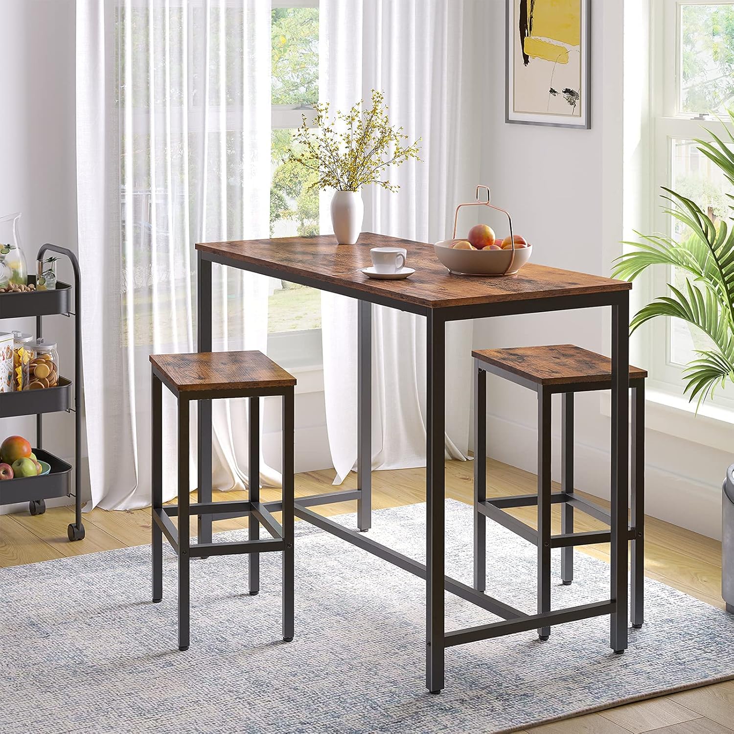HOOBRO Bar Table and Chairs Set, 47.2” Rectangular Pub Table with 2 Stools for Small Space, High Top Table, 3-Piece Breakfast stools Set, Sturdy Metal Frame, Easy to Assemble, Rustic Brown BF52BT01
