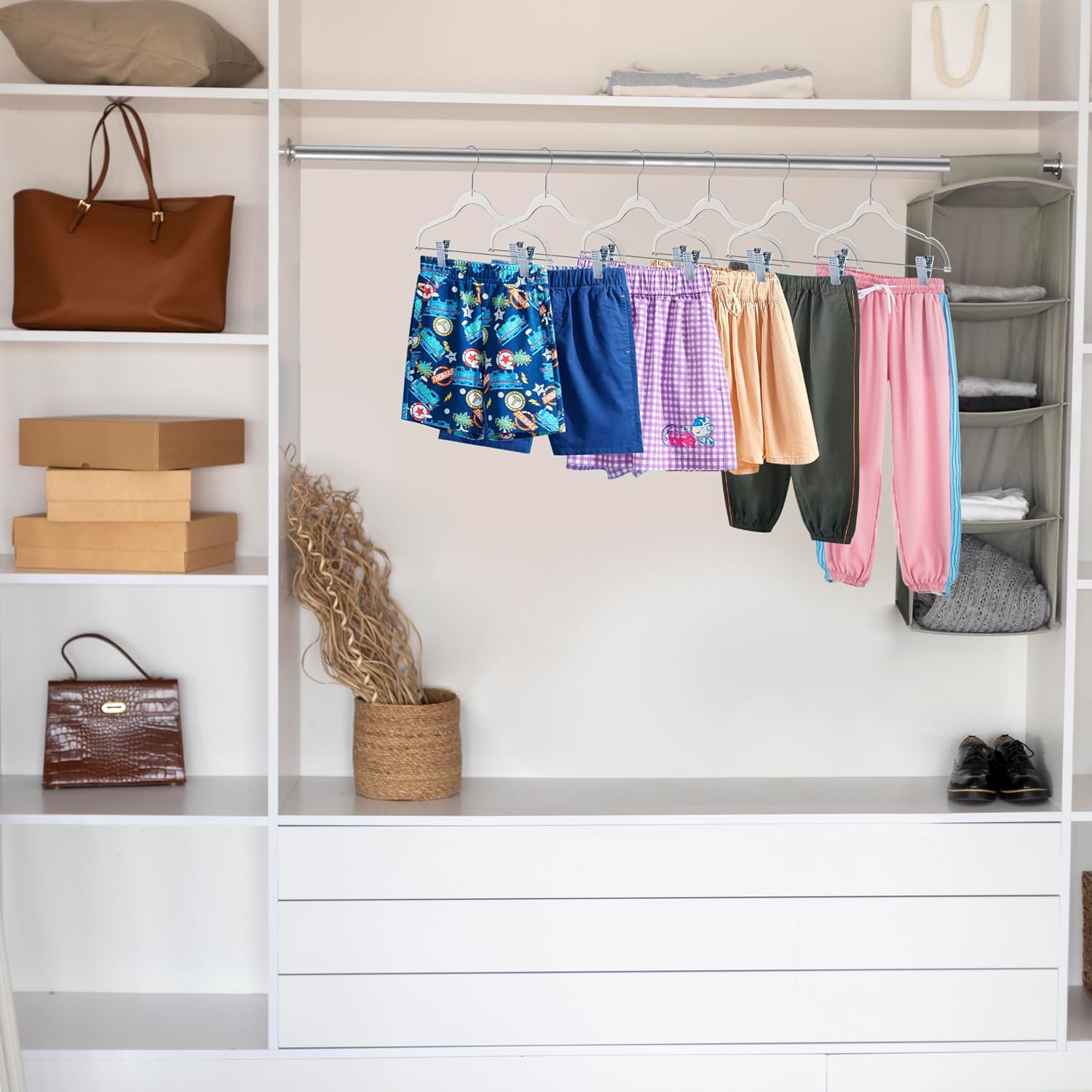 Quality Clear Kids Pants Hangers with Clips 100 Pack | Heavy Duty Skirt Hangers with Swivel Hook and Notches | Space Saving Kids Clip Hangers for Pants | 13.7 Inch (Clear, Silver Hook, 100 Pack)