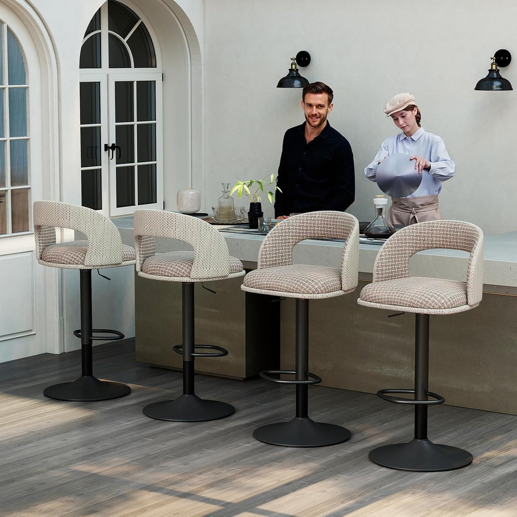 Furnimart Outdoor Bar Stools Set of 2 with Covers Waterproof, Adjustable Patio Stools with Hollow Back, Counter Height Swivel Chairs for Garden, Yard, All-Weather Textilene Fabric, Linen Plaid