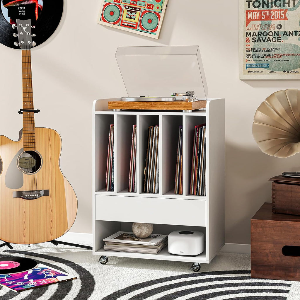 LOKO Record Player Stand On Wheels, Rolling Turntable Stand with 5 Compartments, Drawer & Open Shelf, Vinyl Display Shelf Storage Cabinet for Living Room, Bedroom, Study (White, 21" x 14")