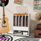 LOKO Record Player Stand On Wheels, Rolling Turntable Stand with 5 Compartments, Drawer & Open Shelf, Vinyl Display Shelf Storage Cabinet for Living Room, Bedroom, Study (White, 21" x 14")