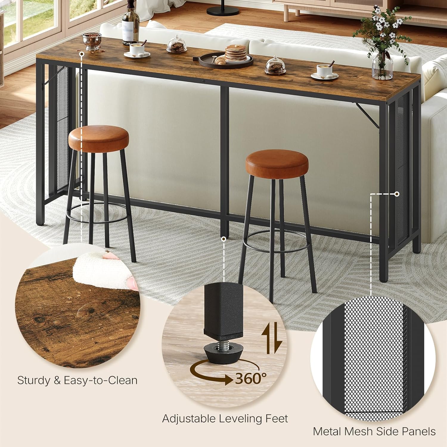 YATINEY 70.9" Bar Table, Long Counter Bar Height Table, Rectangular Bar Pub Table with Metal Frame, for Dining Room, Living Room, Kitchen, Balcony, Rustic Brown and Black BT13BR