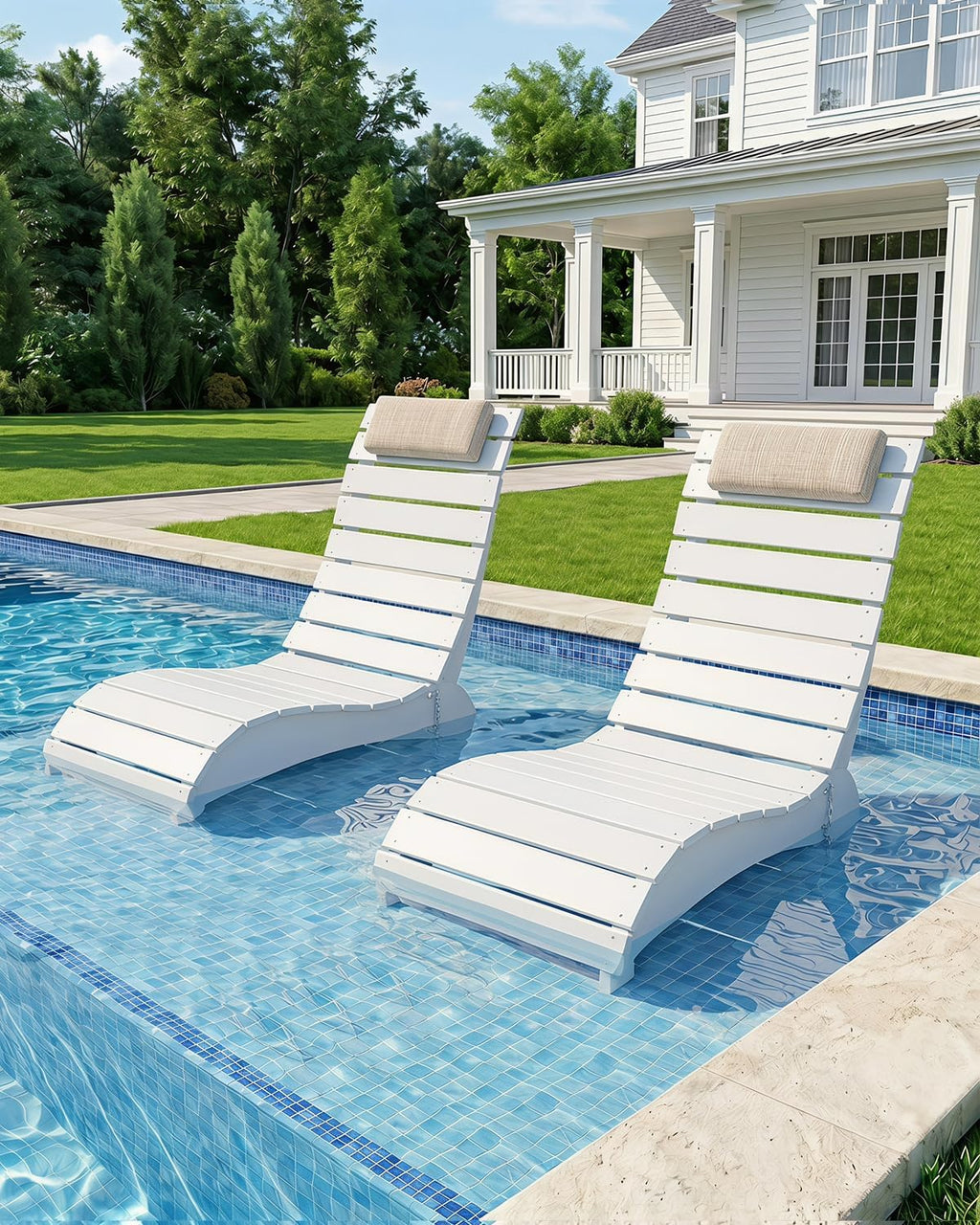 NAVINE Pool Lounge Chairs Set of 2, HDPE Adjustable Chaise Chairs with Headrest, Weighted Fade-Resistant Pool Chairs and Lounger for Baja Ledge，Poolside and Deck, White