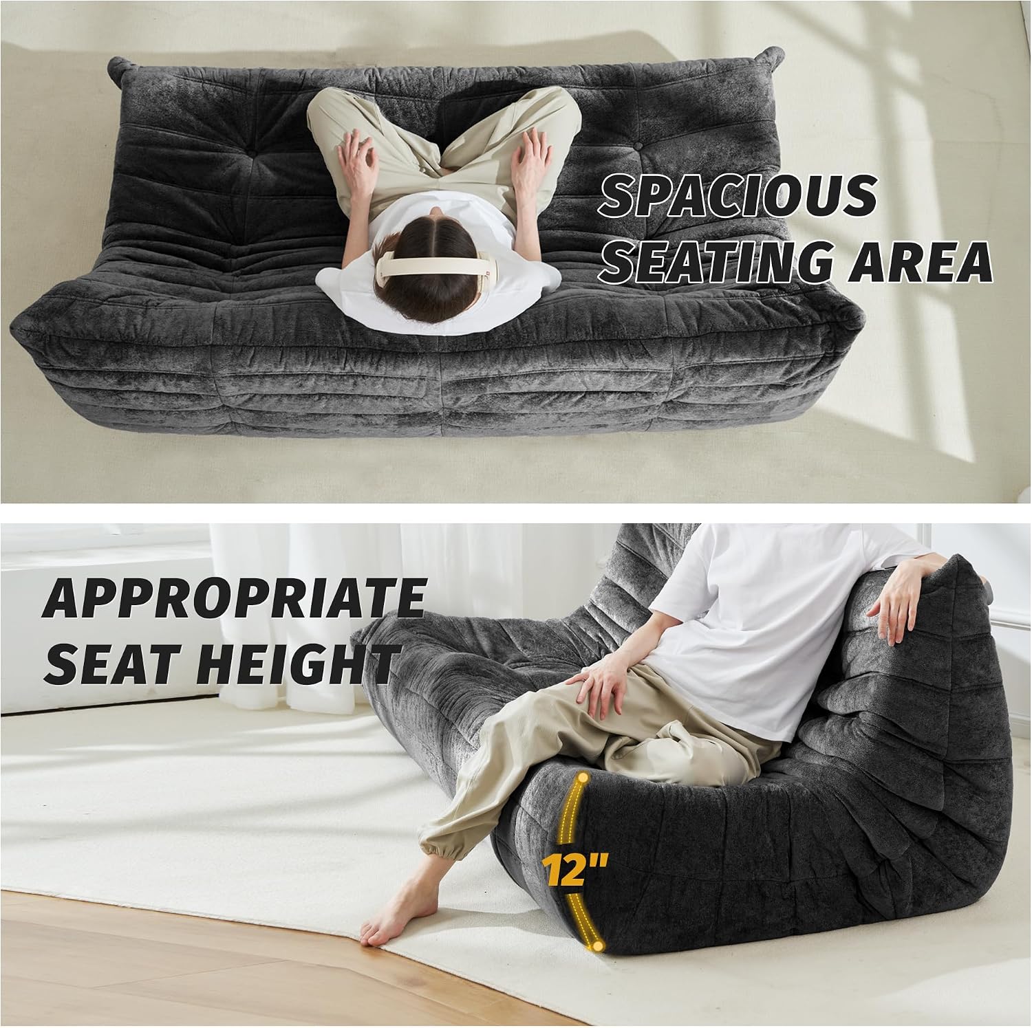 Homguava Bean Bag Chair, Giant Beanbag Chairs for Adults, Memory Foam Fireside Chair, Large Lazy Floor Sofa, Sofa Couch with High-Rebound Foam, Lounge Chair for Living Room, Bedroom (Grey, 3-Seater)