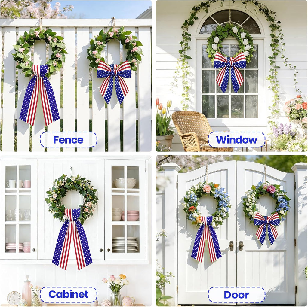 Patriotic Wreath Sash, 56 Inch Red and White Stripes White Blue Stars Front Door Wreath Sash for Holiday Indoor Outdoor Decorations, 1 Pcs