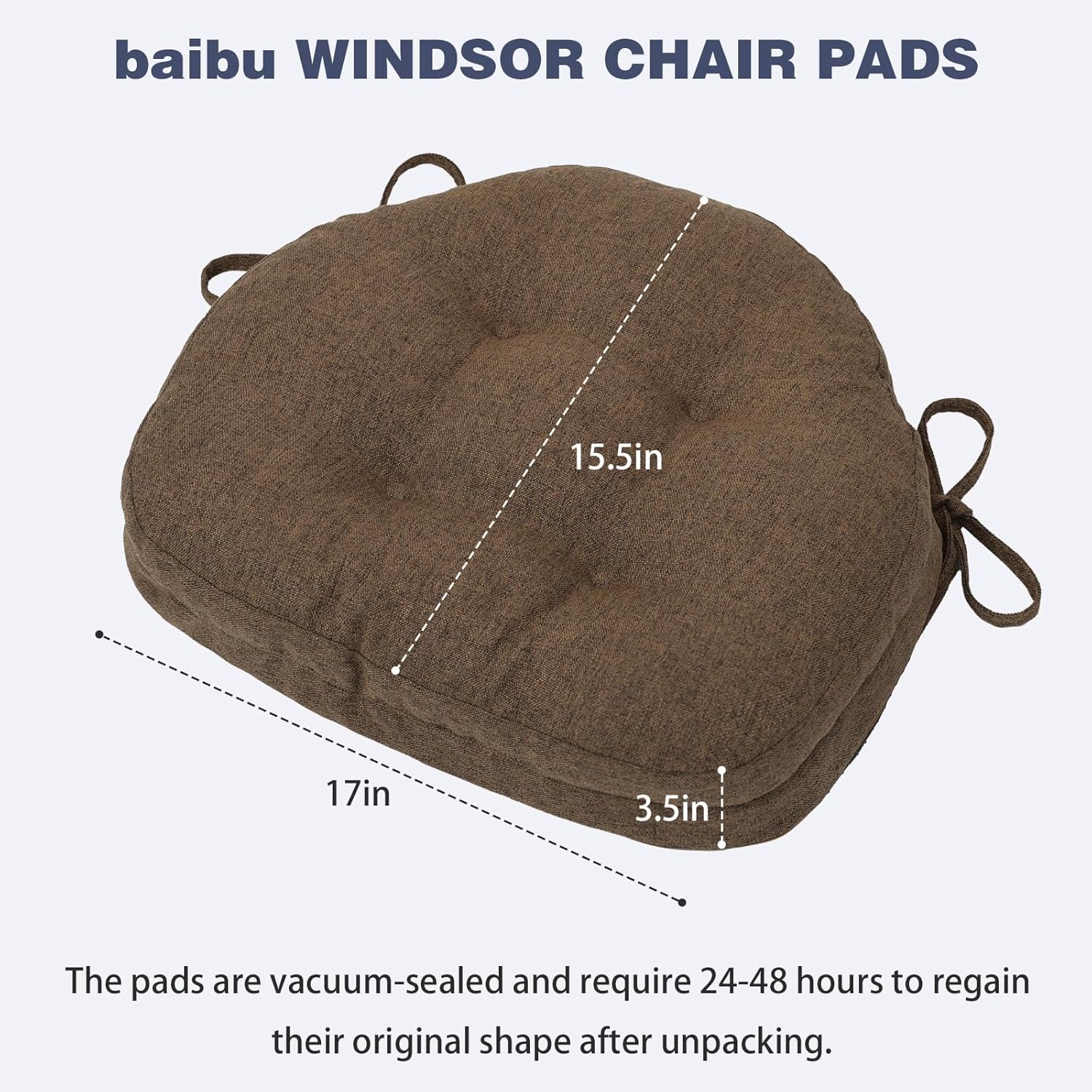 baibu Kitchen Chair Cushions Set of 2, Dual-Layer Patented Design Memory Foam Windsor Seat Pads, Dining Chair Cushions with Ties & Washable Cover, 17x 15.5 x 3.5in, 2 Pack, Brown