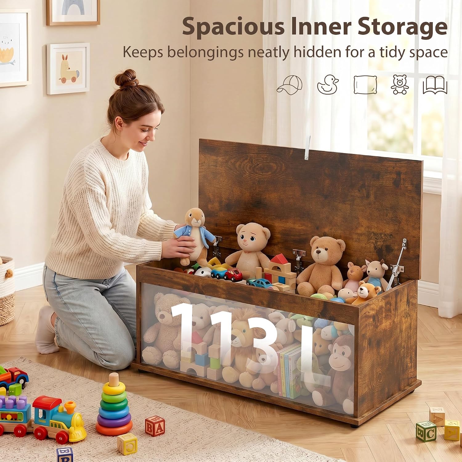 HOMCOM 113L Storage Chest, Storage Box with Flip-Top Lid and 2 Safety Hinges, Storage Trunk for Living Room, Entryway, 100 x 40 x 40 cm, Rustic Brown