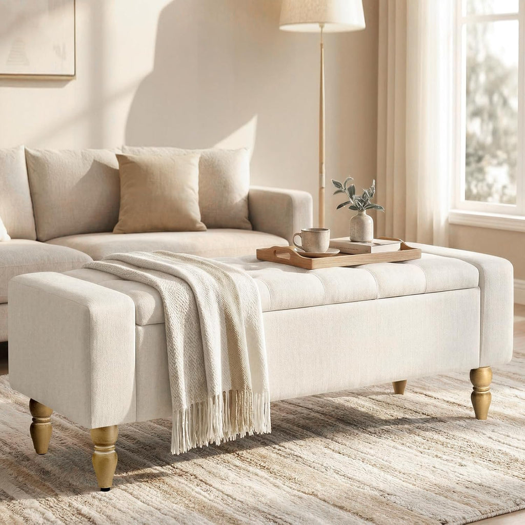 47 Inch Large Storage Ottoman Bench, Upholstered End of Bed Bench with Removable Lid, Diamond Tufted Seat, Wood Legs, Hidden Storage Organizer for Bedroom, Living Room, Entryway,Light Beige