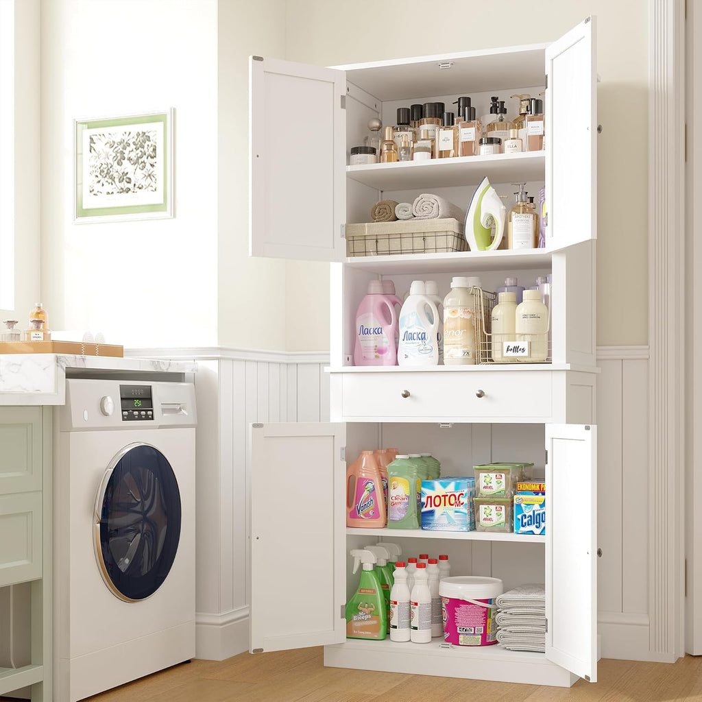 Apicizon 71’’ Tall Kitchen Pantry Storage Cabinet, Modern Kitchen Hutch Bar Cabinet with Microwave Stand & 3 Adjustable Shelves, Cupboard with Deep Drawer, Wood Buffet Sideboard for Dining Room, White