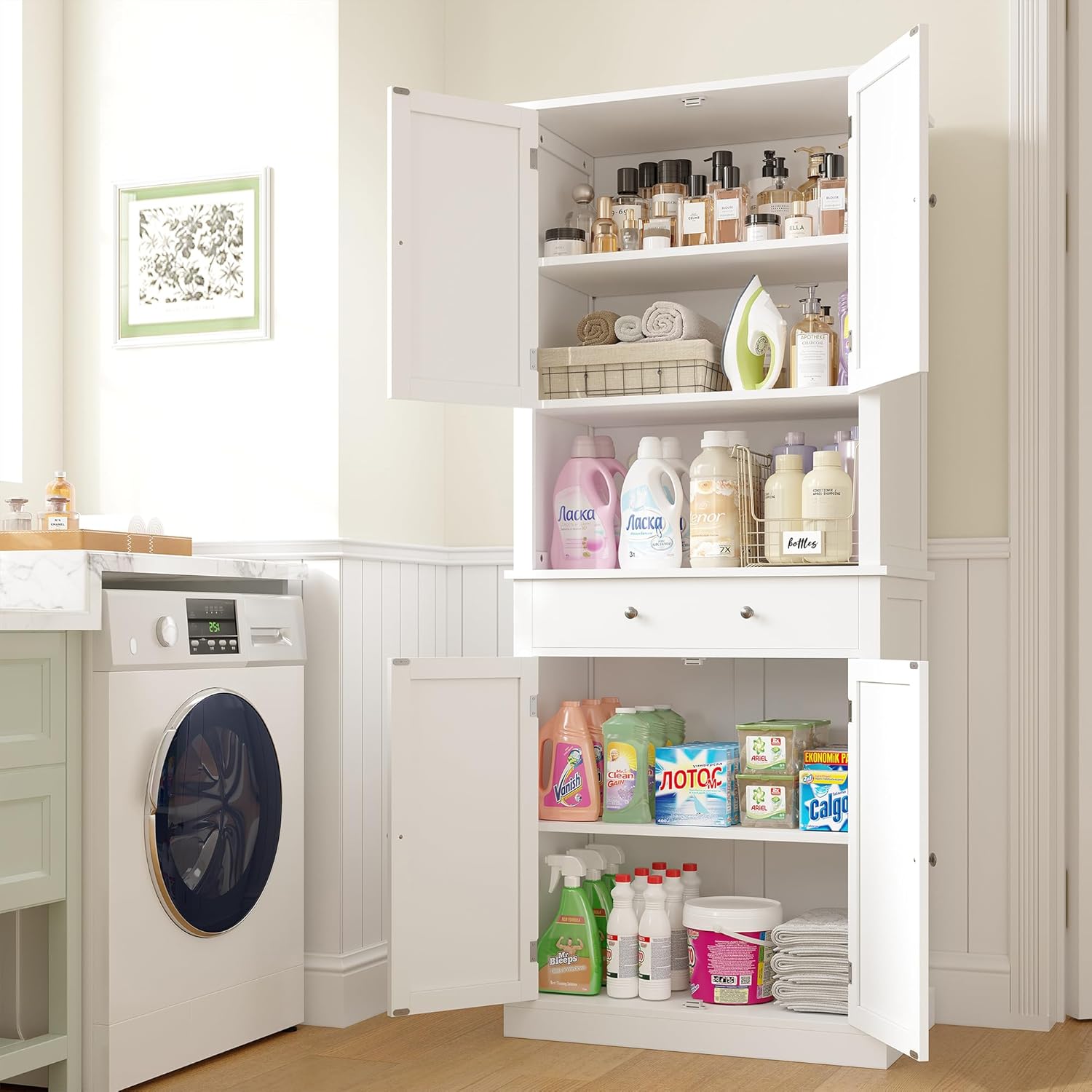 Apicizon 71’’ Tall Kitchen Pantry Storage Cabinet, Modern Kitchen Hutch Bar Cabinet with Microwave Stand & 3 Adjustable Shelves, Cupboard with Deep Drawer, Wood Buffet Sideboard for Dining Room, White