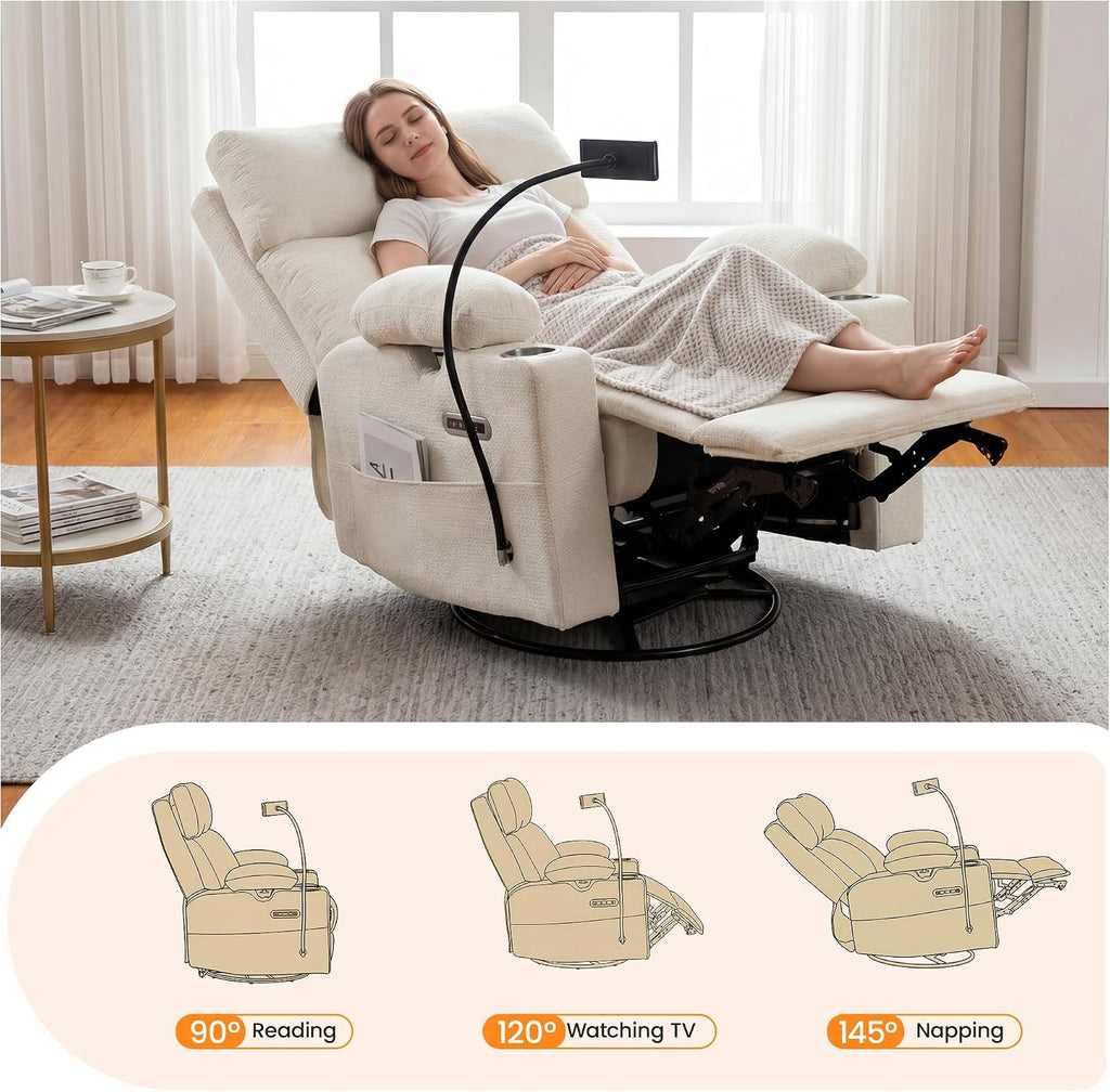 FiveWillowise Power Rocking Chair Nursery with Adjustable Armrests&Headrest, Glider Recliner Chair, Swivel Reading Chair with Electric Lumbar Support, Cup Holder, Nightlight and USB Ports,White