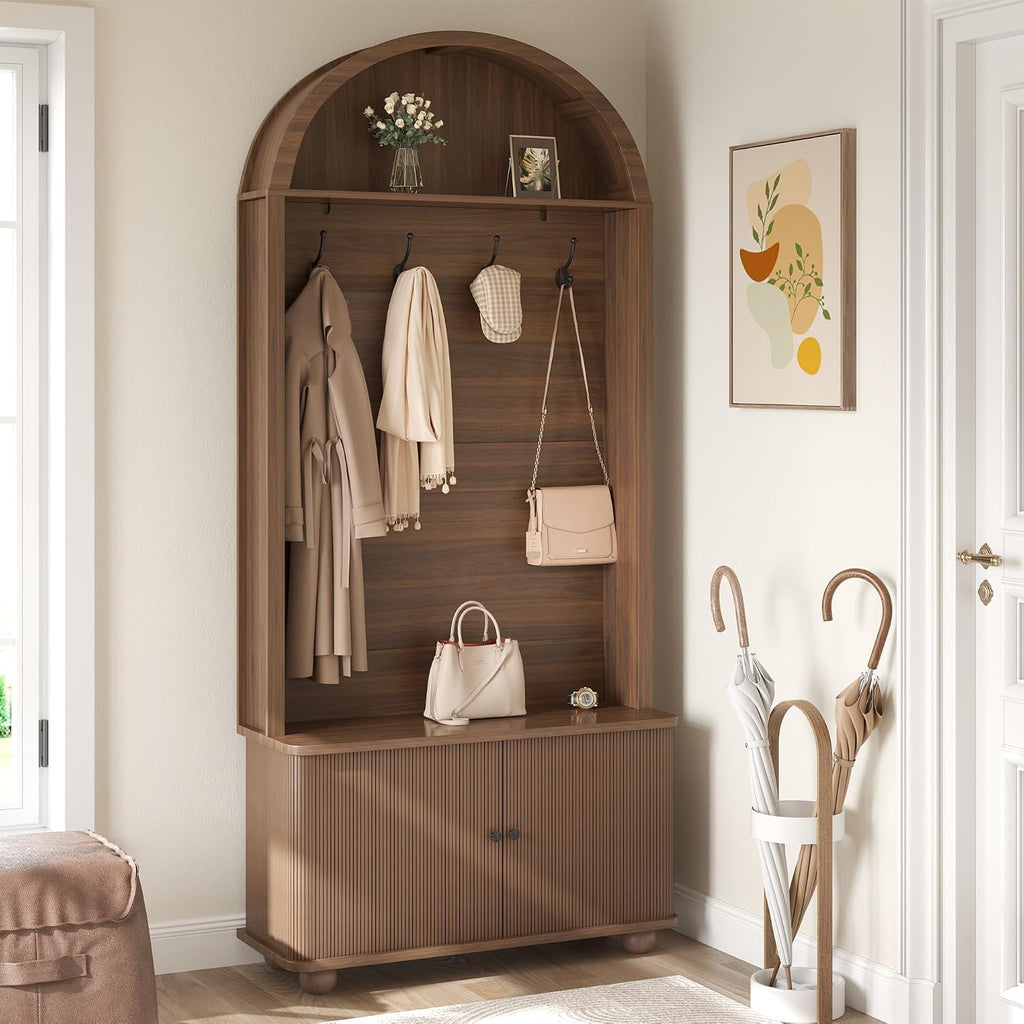 71" Hall Tree with Bench and Shoe Storage, 4-in-1 Design Entryway Bench with Coat Rack, Arch Farmhouse Entryway Hall Tree with 4 Hooks and Adjustable Shelves for Hallway, Living Room
