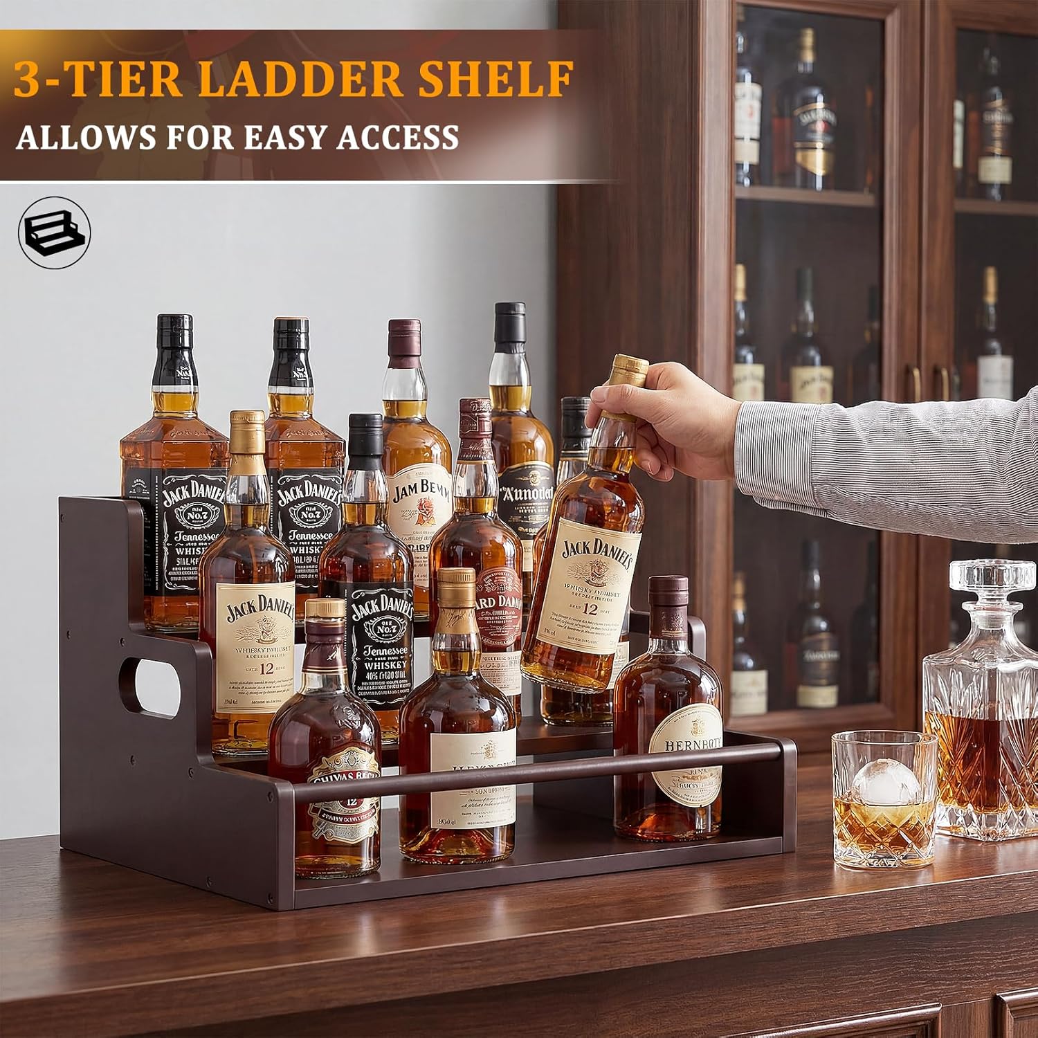 Bamboo Liquor Bottle Display Shelf, 3 Tier Coffee Syrup Rack Organizer, Countertop Liquor Stand for Home Bar, Dark Brown