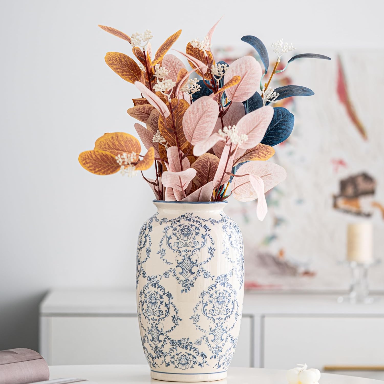 Blue and White Vase, Vintage Blue Ceramic Flower Vessel,Ceramic vases for Home Decor,Vintage Vase for Home Decor, Living Room, Shelf, Office, Rustic Table Centerpiece (Blue and white-01, Large)