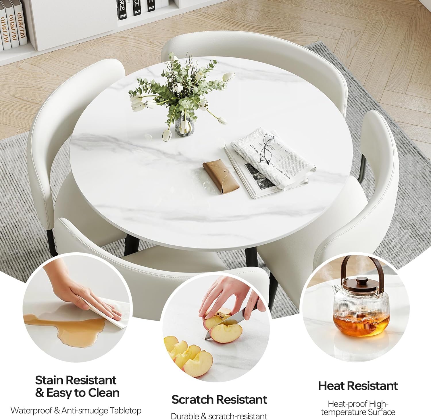 Round Sintered Stone Table Chair Set for 4, Modern Dining Table & Commercial Office Reception Conference Table
