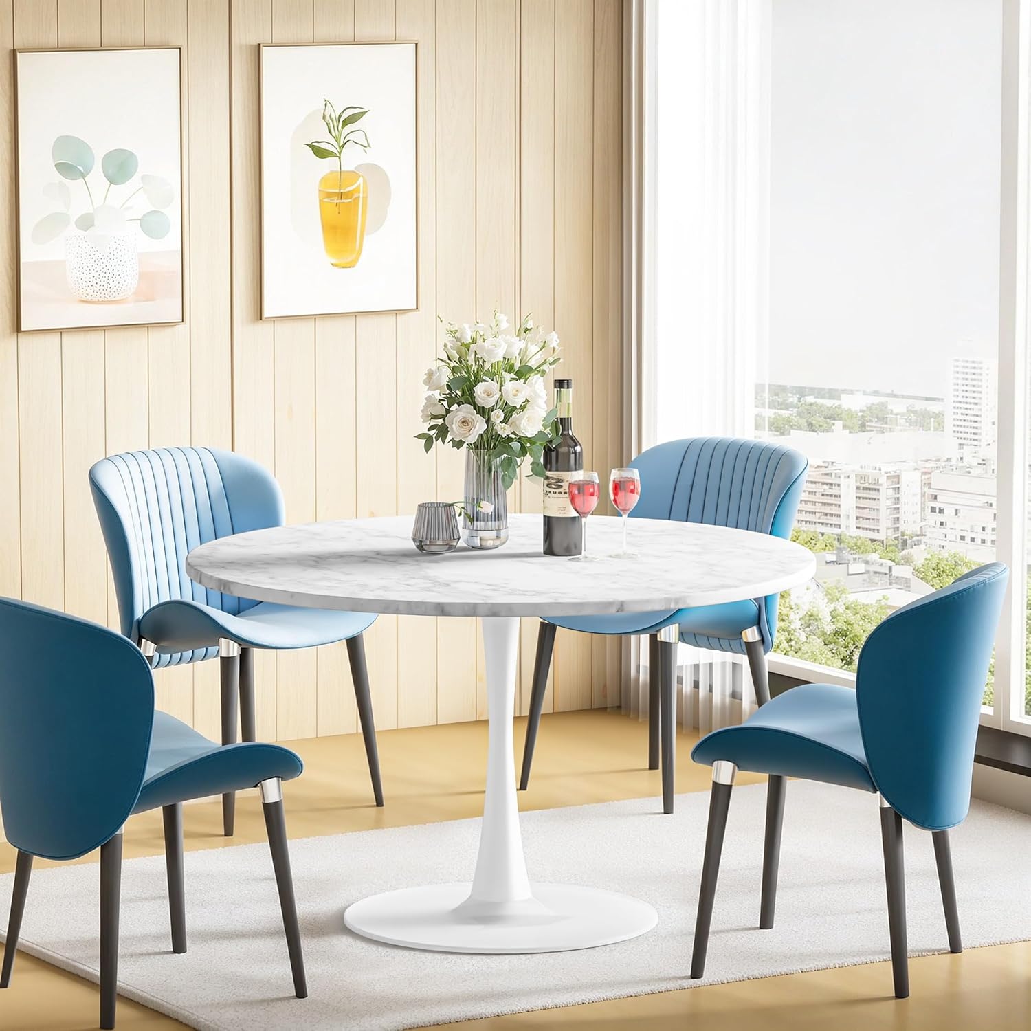 DKLGG White Marble Round Dining Table, 39.1" Tulip Kitchen Dining Table for 4-5 People with MDF Table Top & Pedestal Base, Mid-Century End Living Room Table