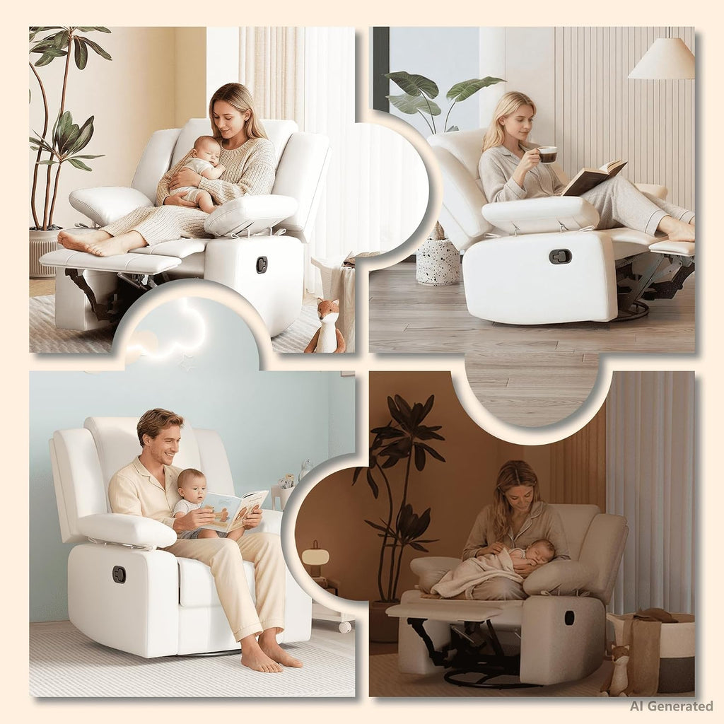 AILEEKISS Nursery Glider Recliner Chair with Adjustable Armrests, Swivel Rocking Recliner for Breastfeeding Moms, 360° Swivel, 30° Rocking, 90°-160° Recline, Easy-Clean Nursery Chair(White)