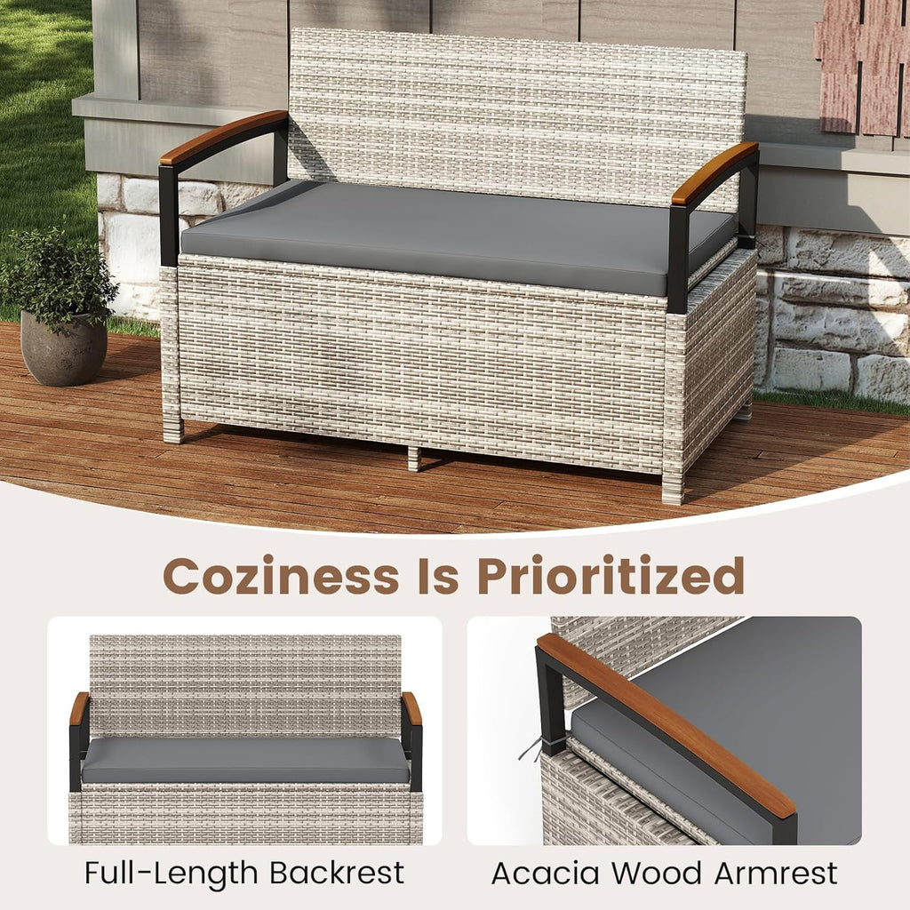 RELAX4LIFE Wicker Outdoor Storage Bench, Rattan Deck Box w/Protective Liner for Patio Furniture Pillows & Garden Tools, Porch Loveseat with Seat Cushion, Acacia Wood Armrests (Grey)
