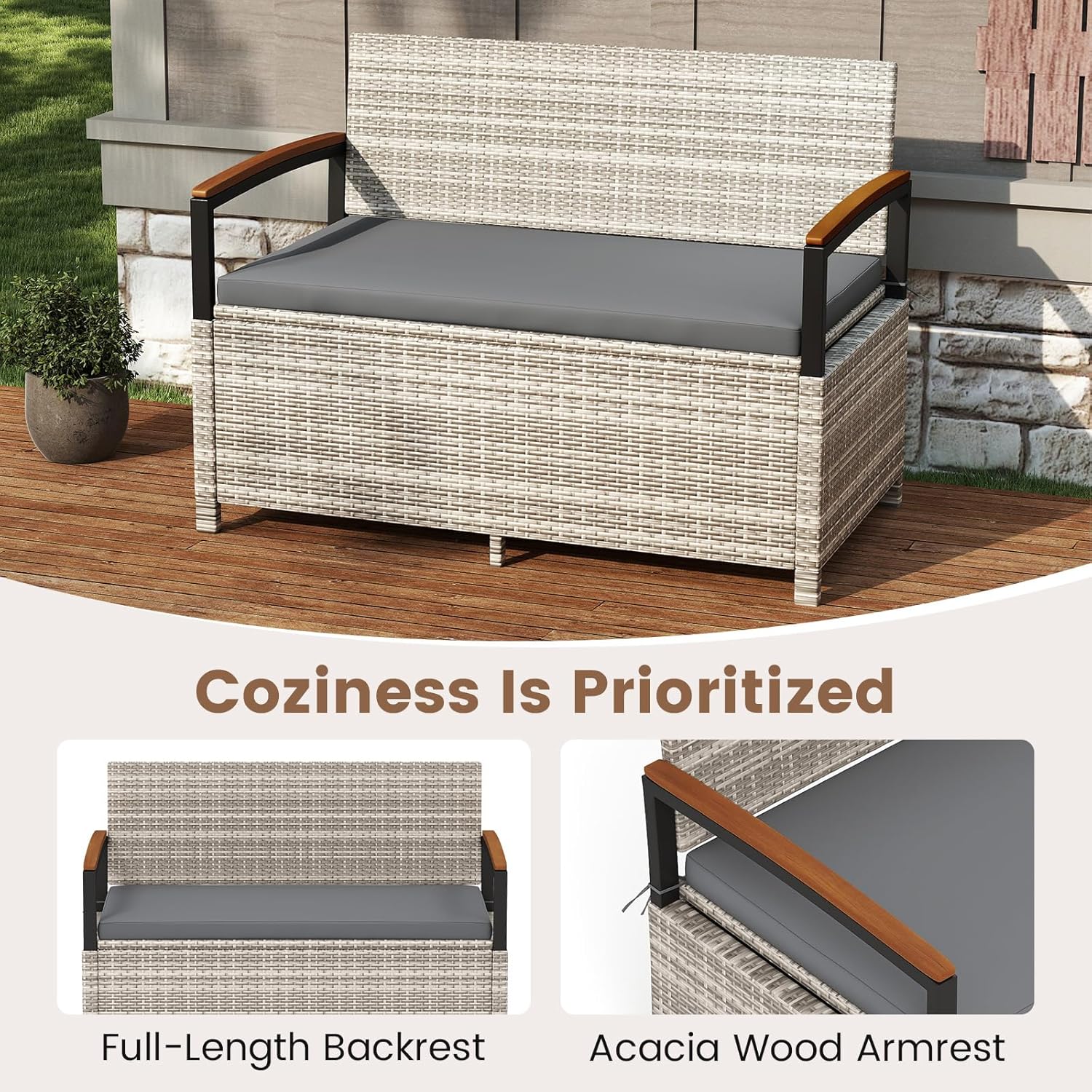 RELAX4LIFE Wicker Outdoor Storage Bench, Rattan Deck Box w/Protective Liner for Patio Furniture Pillows & Garden Tools, Porch Loveseat with Seat Cushion, Acacia Wood Armrests (Grey)