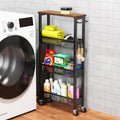 XYZLVSI Slim Storage Cart 4 Tier Narrow Kitchen Rolling Cart on Wheels for Small Space, Mobile Utility Cart Shelving Unit with Wooden Top and Metal Handle for Kitchen, Bathroom, Laundry Room