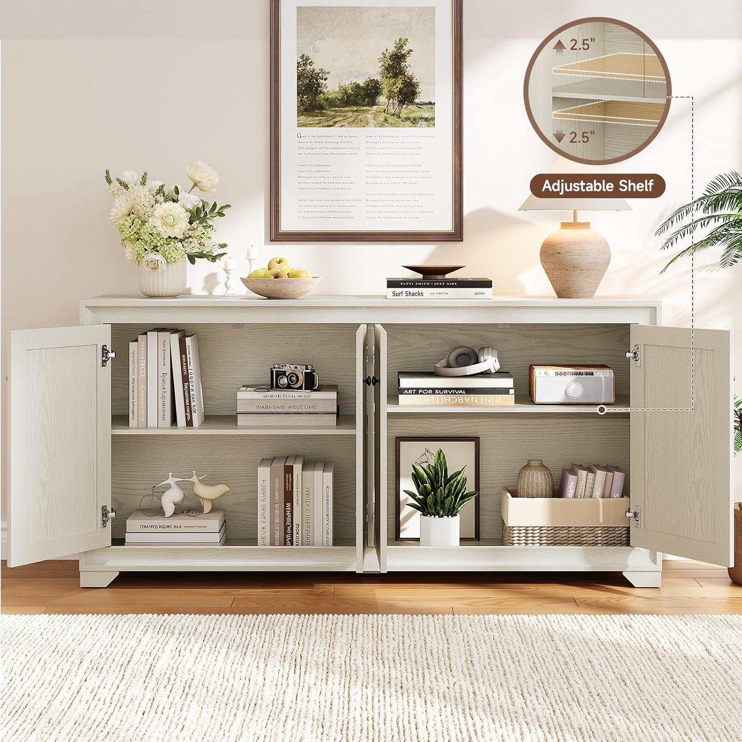 ONBRILL 60" Buffet Cabinet with Storage, 4 Doors Sideboard Buffet Cabinet with Adjustable Shelves, Modern Coffee Bar Console Table for Living Room, Kitchen, Entryway, Grey
