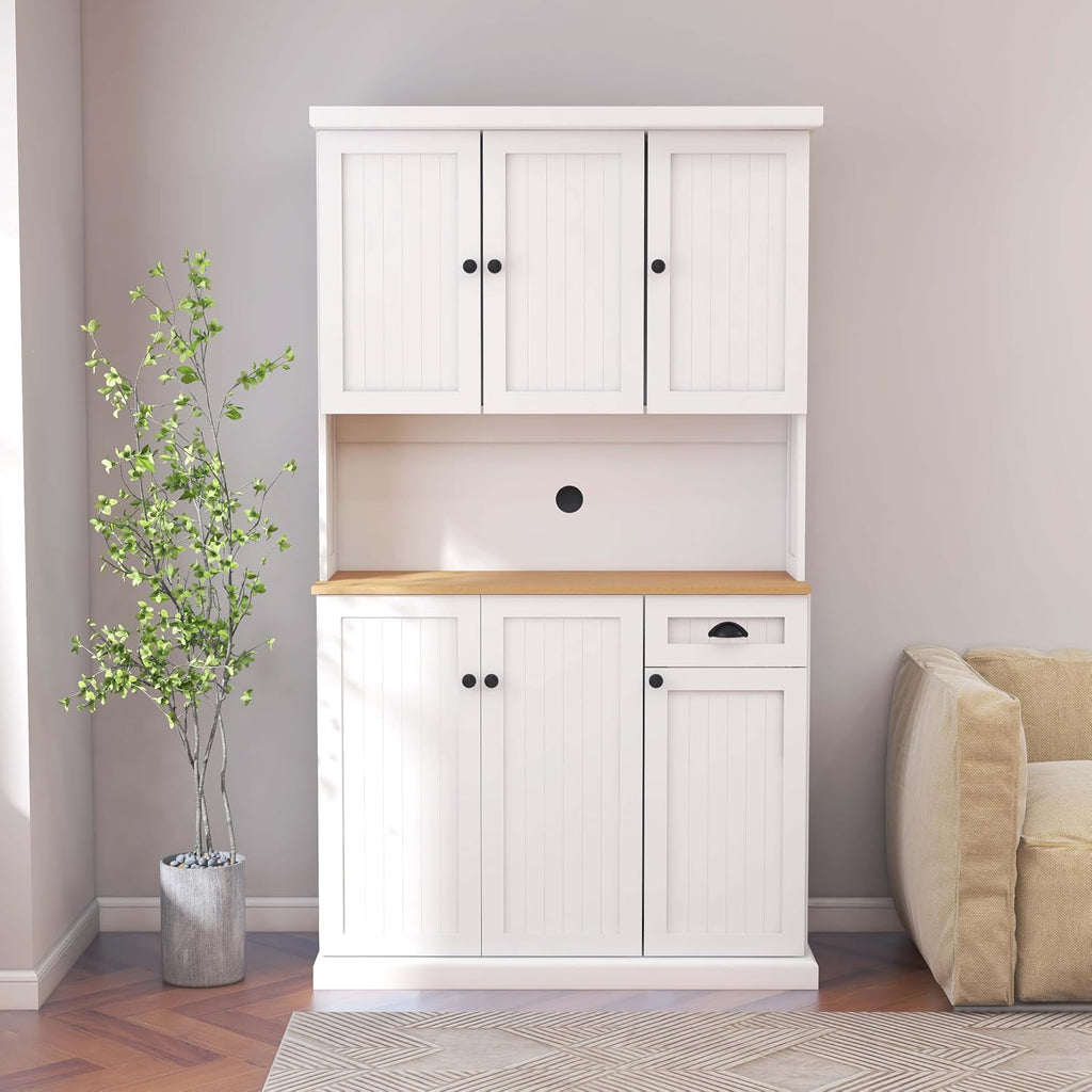 71" Freestanding Pantry Cabinet with Doors, Kitchen Pantry Cabinets with Microwave Shelf & Countertop, Kitchen Hutch Storage Cabinet with Drawers for Diningroom, Easy Assembly (White + MDF)