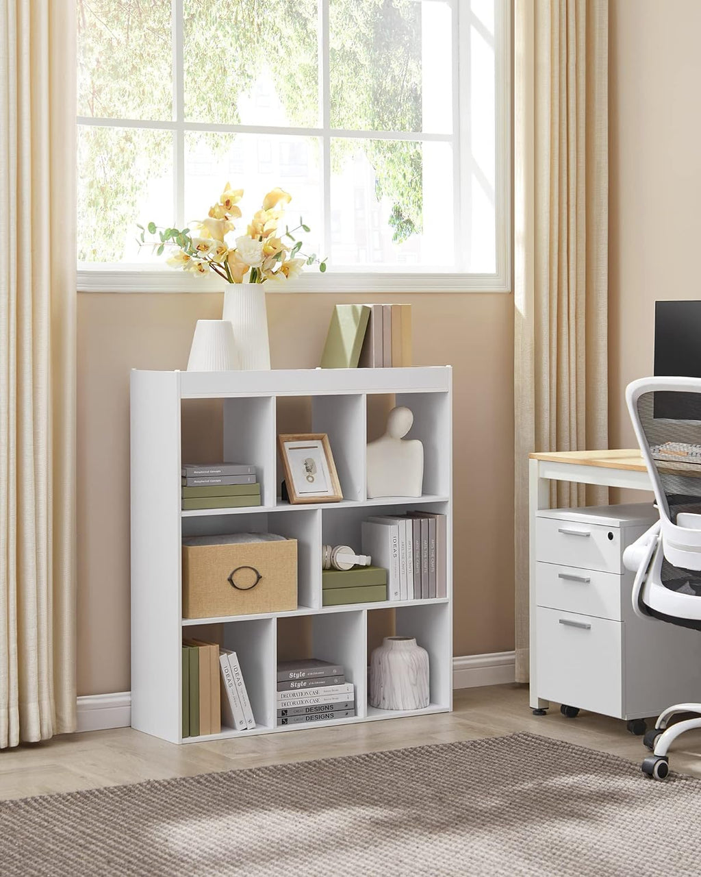 VASAGLE Bookcase, Bookshelf, Freestanding Storage Unit, 8 Open Compartments, Used Horizontally, Vertically, Upside Down, 11 x 35.4 x 39.4 Inches, for Living Room, Study, Office, Cloud White ULBC55WT
