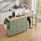 Kitchen Islands with Extendable Dining Table, Mobile Storage Islands, Green | 81.7" Rolling Kitchen Cart with Trash Cabinet, Power Outlet, Spice Rack & Towel Rack