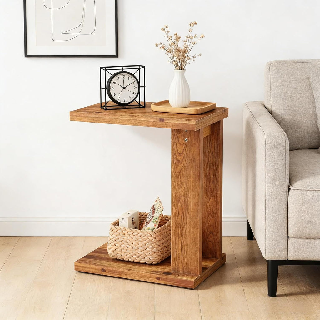 Rustic Farmhouse Side Table, C-Shaped Solid Wood End Table with Natural Wood Grain, 23.6" H Bedside Tables Nightstand for Living Room, Bedroom, Brown