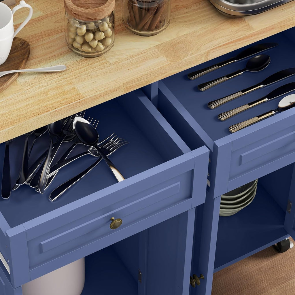 HOMCOM Kitchen Island Cart with Solid Wood Top, 44" Mobile Kitchen Island Table on Wheels with Storage Cabinets, 2 Drawers, Adjustable Shelves, Spice Rack & Towel Bar for Dining Room, Navy Blue