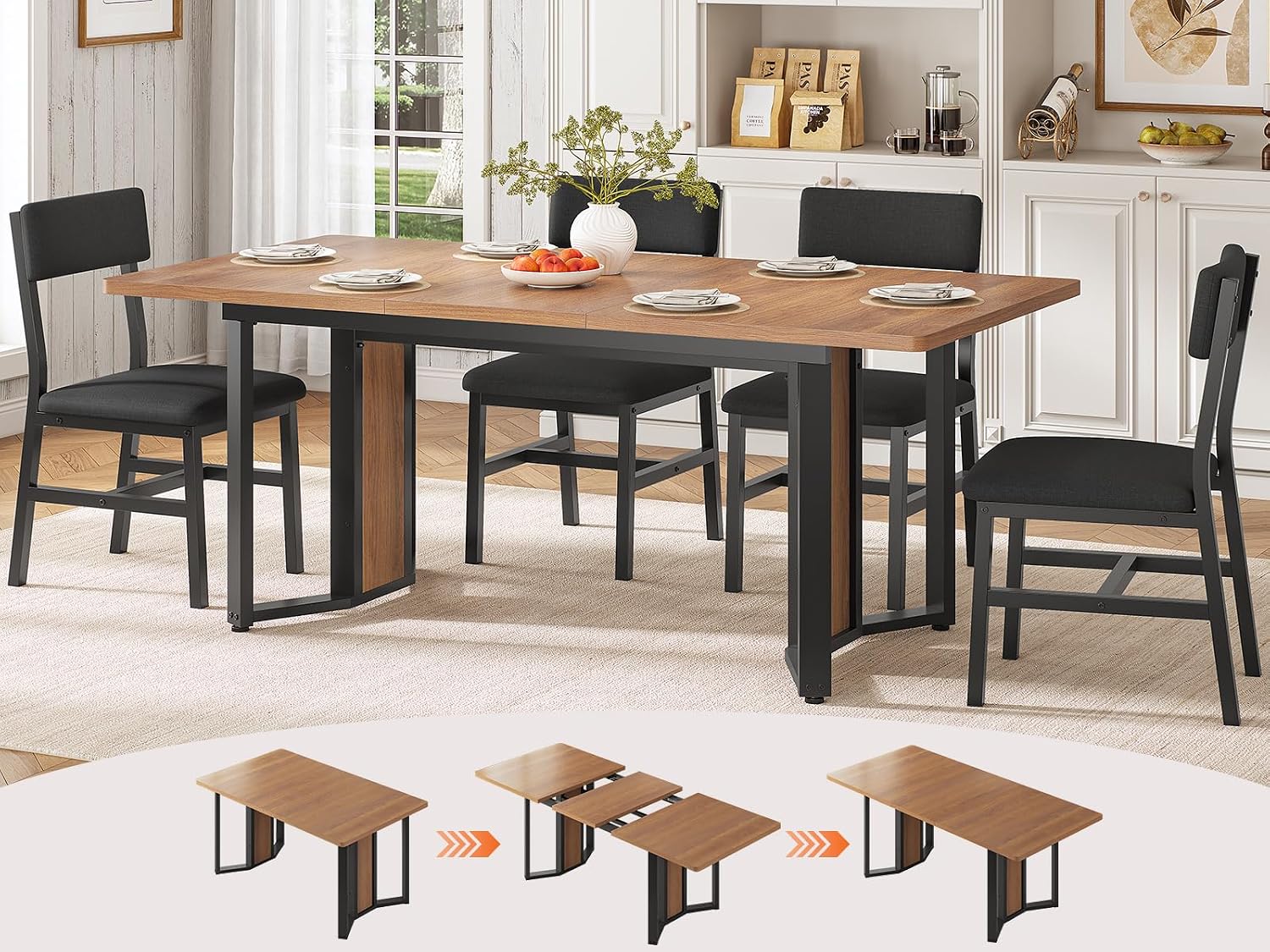 Itaar 5-Piece Dining Table Set for 4-6 People, 63" Extendable Kitchen Table and 4 Cushion Chairs, Dining Room Table with MDF Board & Metal Frame for Small Space, Easy Clean, Brown