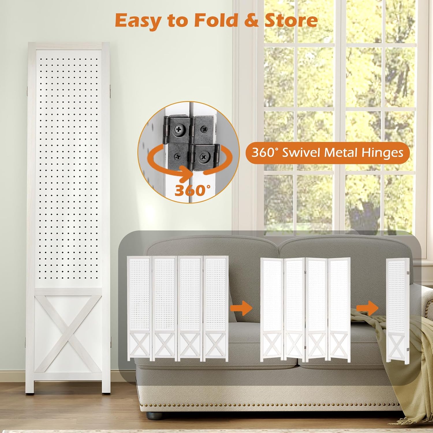 GOFLAME 4 Panel Pegboard Freestanding, 5.6 FT Display Stand with Solid Wood Frame, Foldable Privacy Screen, Room Separator, Display Board Organizer for Retail, Craft Show, White
