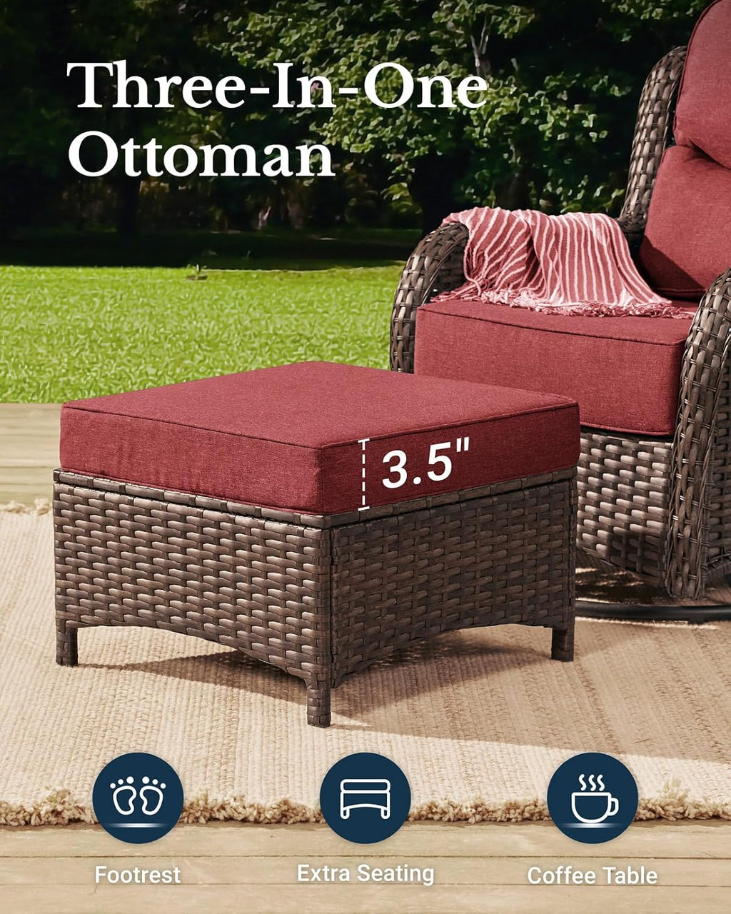 HILLGA Luxury 5PCS Outdoor Swivel Rocker Patio Chairs of 2 with 6 Inch Thick Cushions and Side Table, All Weather Outdoor Chairs High Back Wicker Patio Furniture Set for Porch and Deck, Burgundy