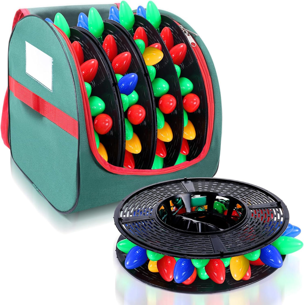 Christmas Light Storage Bag - Tear Proof 600D Oxford Fabric/Internal PVC Material with Reinforced Handles - With 4 Reels Stores up to 500 Ft Holiday Mini Christmas Tree Lights & Extension Cords,Green