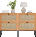 XIAO WEI Rattan Nightstand Set of 2, Boho Bedside Table with 2 Drawers | Natural Rattan End Table Side Table for Bedroom, Living Room