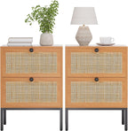XIAO WEI Rattan Nightstand Set of 2, Boho Bedside Table with 2 Drawers | Natural Rattan End Table Side Table for Bedroom, Living Room