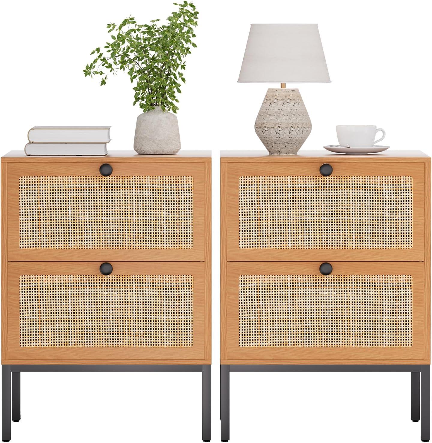 XIAO WEI Rattan Nightstand Set of 2, Boho Bedside Table with 2 Drawers | Natural Rattan End Table Side Table for Bedroom, Living Room