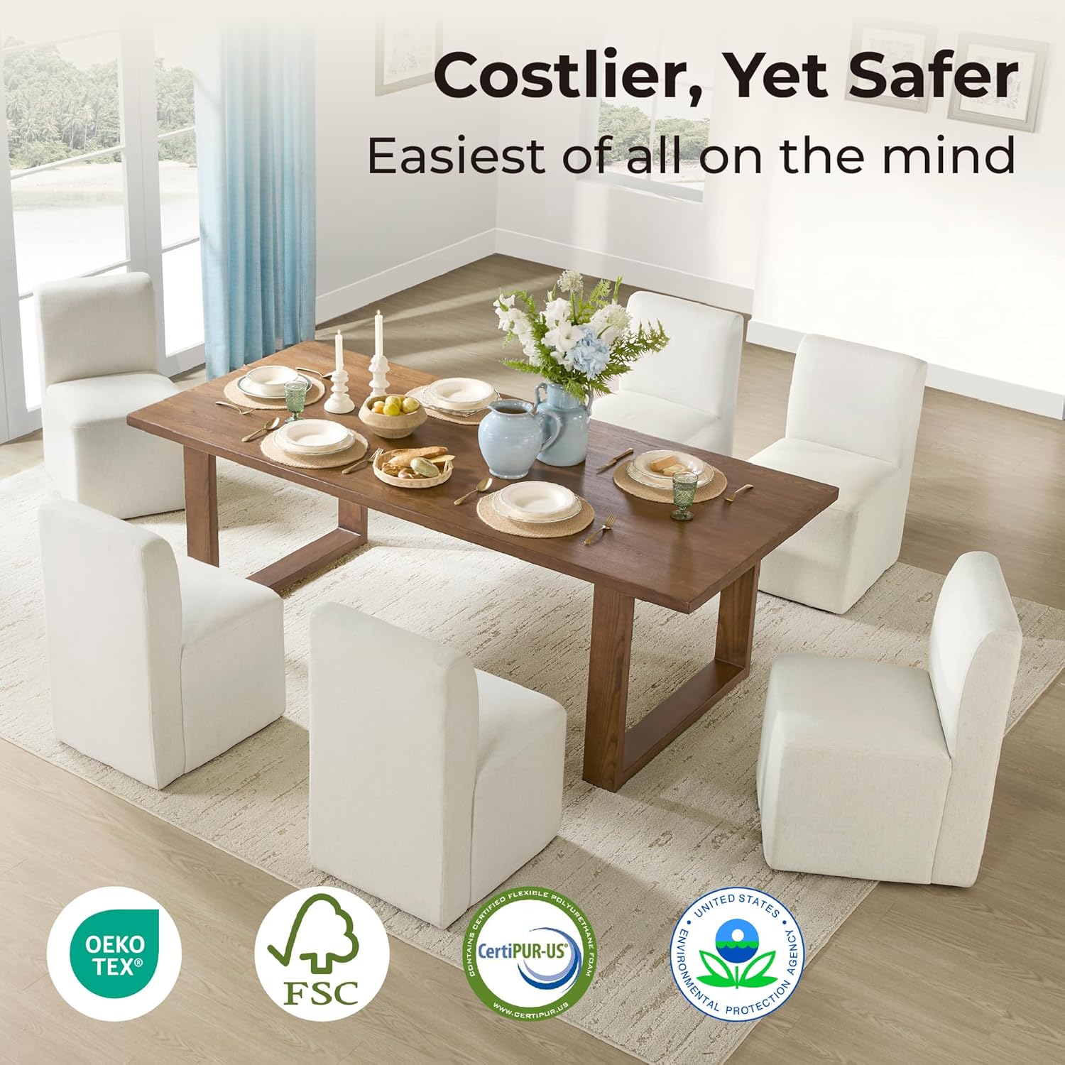 CHITA Dining Chairs with Casters Set of 4, FSC Certified Upholstered Armless Modern Rolling Dining Chairs with Rollers for Bedroom Reading Room Living Room, Fully Assembled, Linen