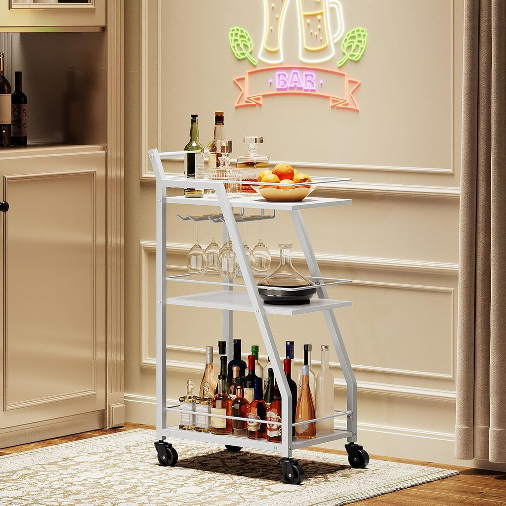 YATINEY Bar Cart, 3-Tier Home Bar Serving Cart with Wheels, Drink Cart with Glass Holder, Beverage Cart, Rolling Kitchen Cart, for Home, Living Room, White and White BC03WW
