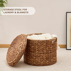 17" Round Storage Ottoman with Lid Handwoven Water Hyacinth Accent Side Table, Storage Container, Footstool for Living Room, Bedroom, Cloakroom, Home Office