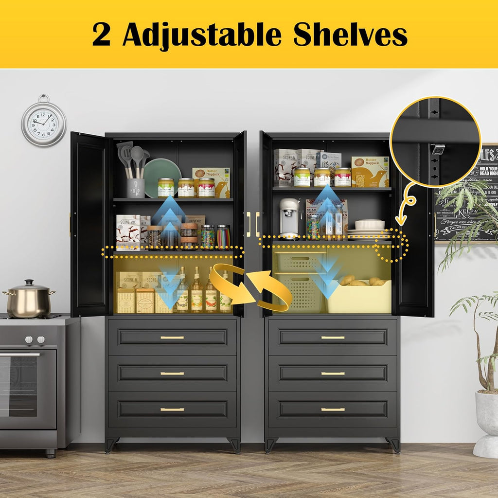 SteeLoong 75" Kitchen Pantry Cabinet with 3 Drawers,Metal Storage Cabinets with Doors and 2 Adjustable Shelves,Black Kitchen Cabinet with 2 Gold Handles,Food Cupboard for Livingroom, Bathroom,Pantry