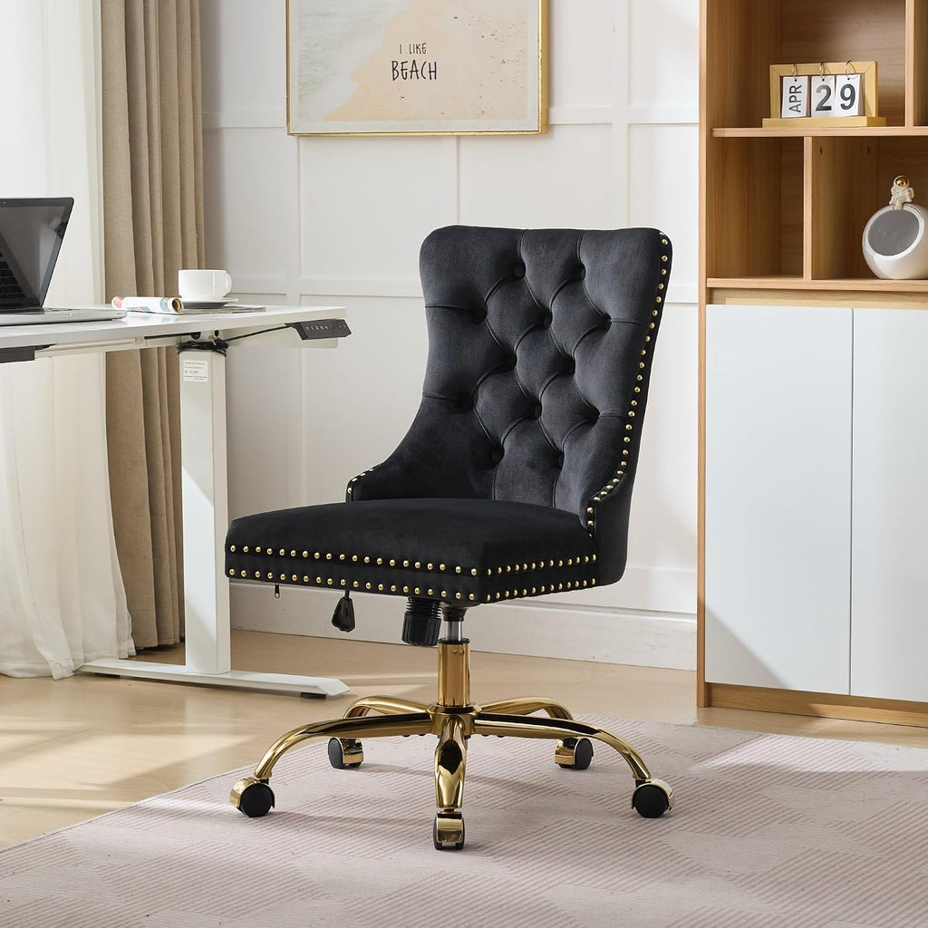 Modern Velvet Office Chair with Tufted Button Design, Adjustable Swivel Desk Chair with Golden Metal Base for Home and Office,Black